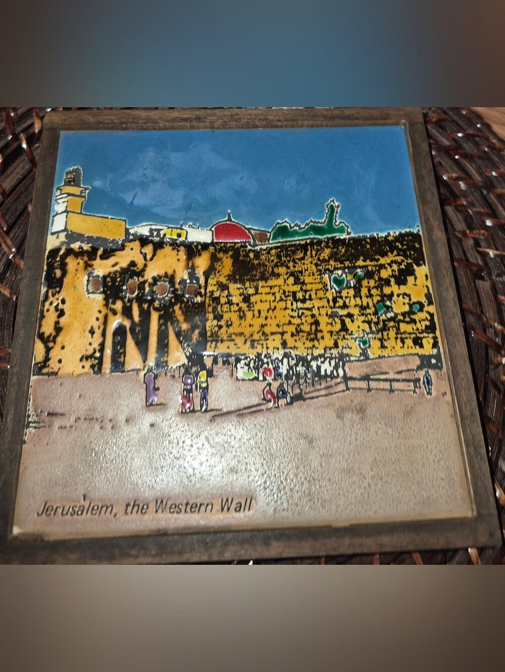 Vintage Decorative Tile Plaque in a Wooden frame depicting the Western Wall